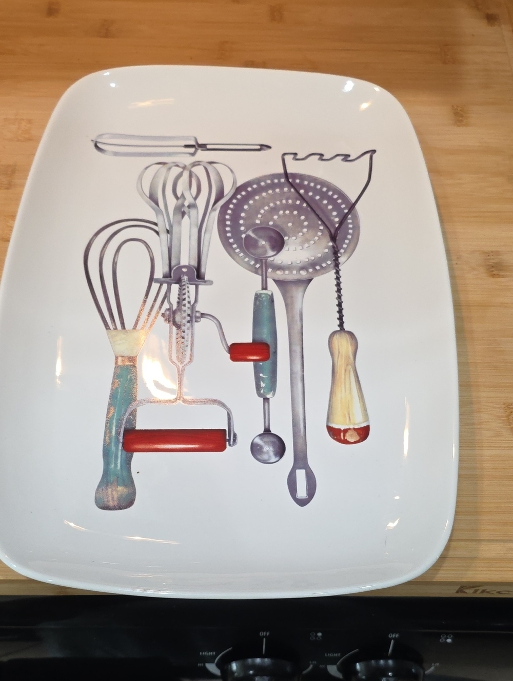 Creative Co-Op White Platter with Colorful Vintage Utensil Print